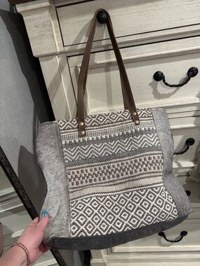 Myra Bag Gray & Cream Patterned Tote with Brown Leather Handles